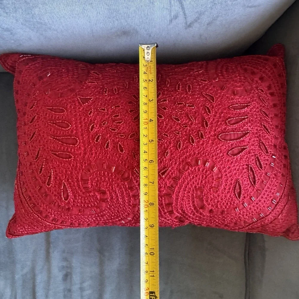 Pier 1 Imports ~ Red Beaded Throw Pillow ~ Rectangular ~ Shiny ~ Lumbar 16